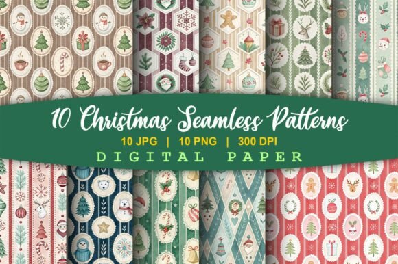10 Vintage Watercolor Christmas Seamless Patterns
