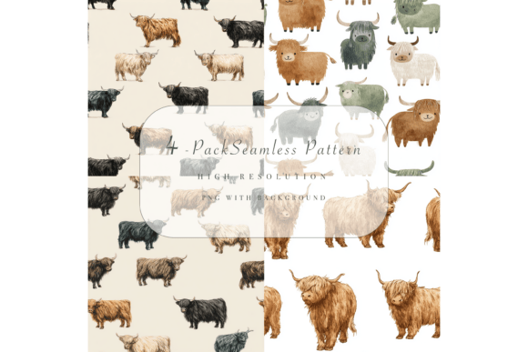 4 Pack Highland Cow Seamless Pattern