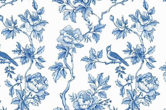 Floral Blue Chinoiserie Toile De Jouy 05