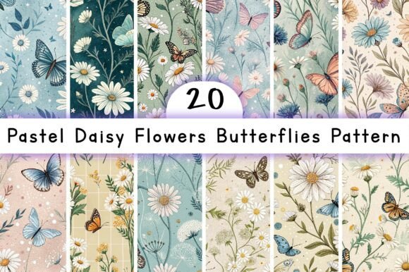 Pastel Daisy Flowers Butterflies Pattern