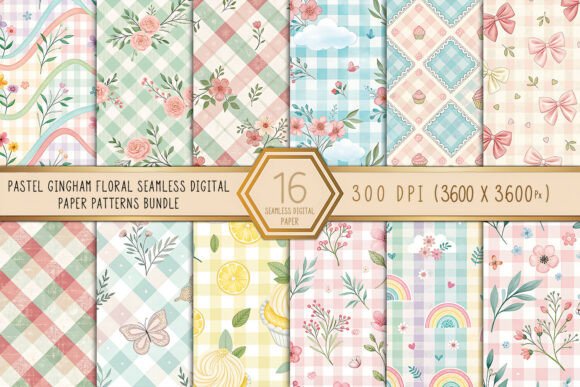Pastel Gingham Floral Seamless Digital