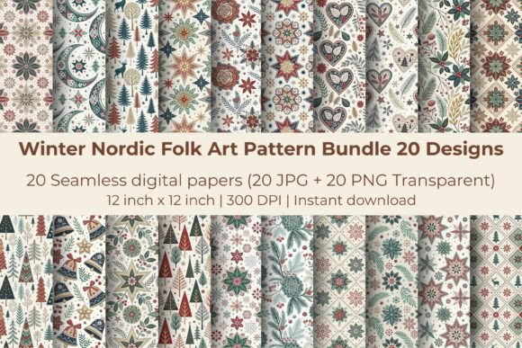 Winter Nordic Folk Art Pattern Bundle 20